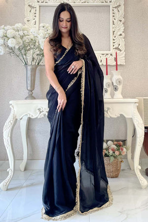 Black Solid Silk Saree