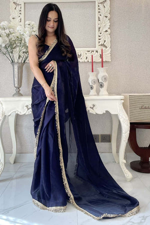 Navy Blue Solid Silk Saree