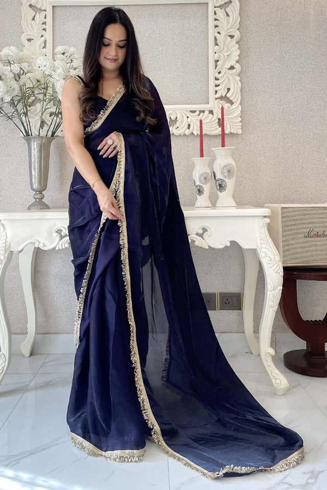 Navy Blue Solid Silk Saree