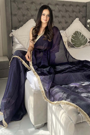 Navy Blue Solid Silk Saree