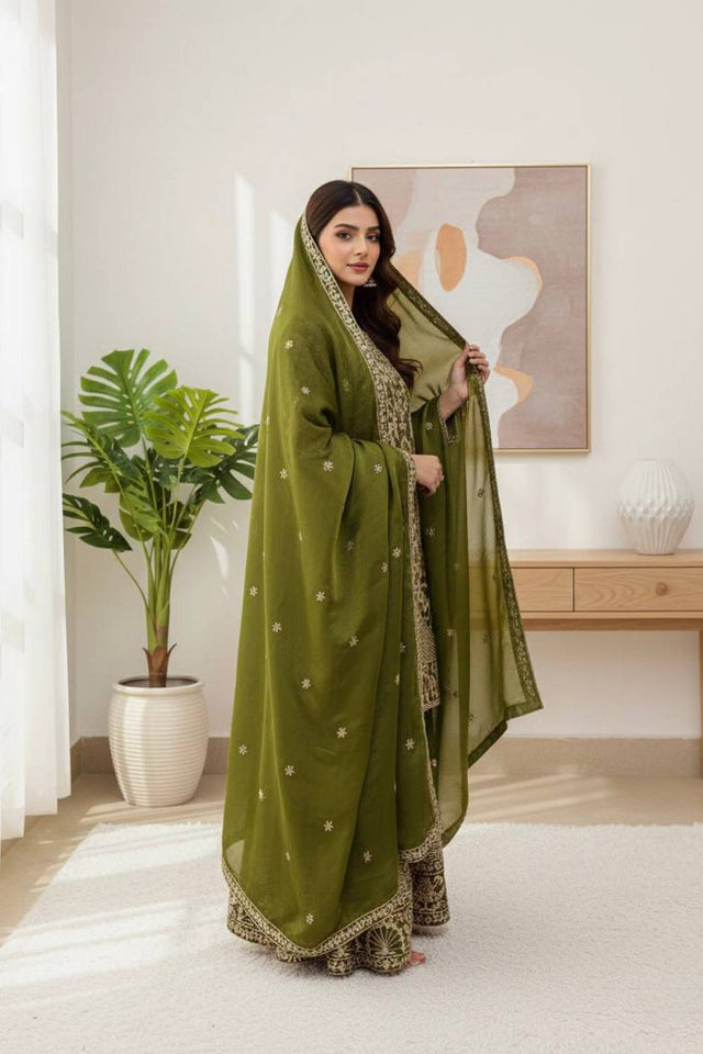 Mehendi Floral Embroidered Silk Sharara Suits