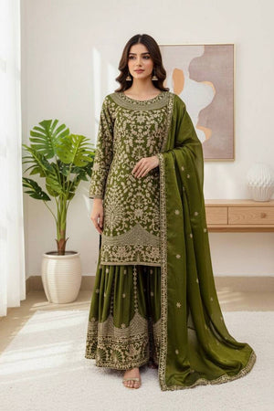 Mehendi Floral Embroidered Silk Sharara Suits
