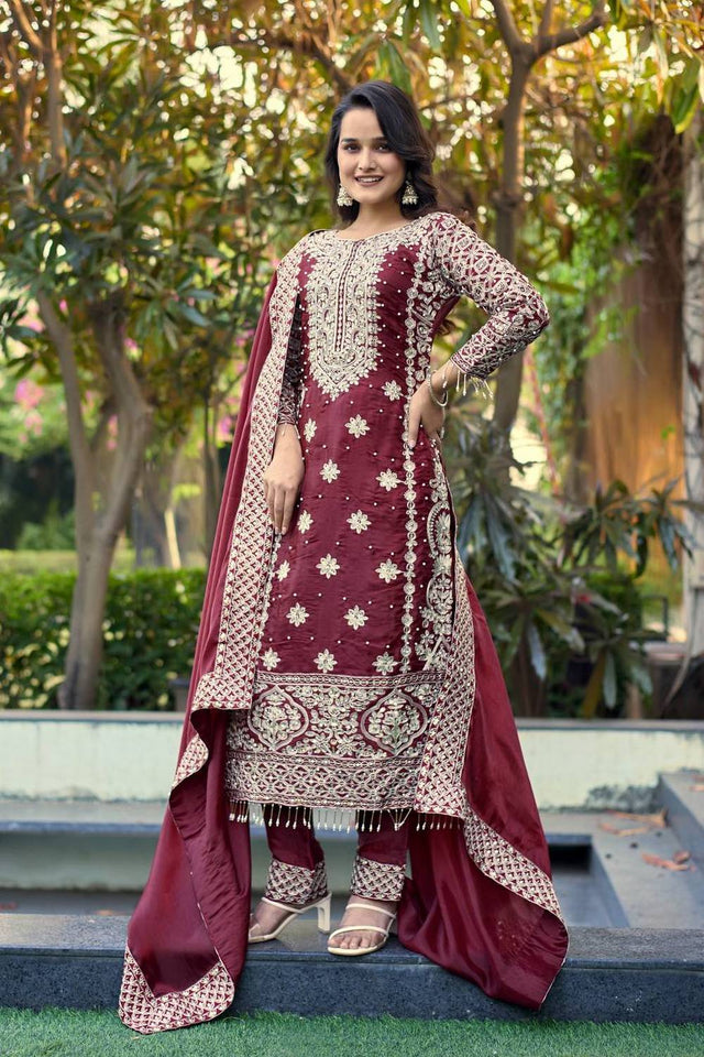 Maroon Sequin with Embroidered Silk Straight Cut Suits