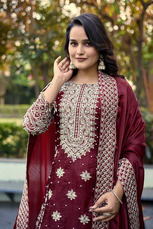 Maroon Sequin with Embroidered Silk Straight Cut Suits