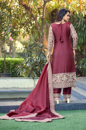 Maroon Sequin with Embroidered Silk Straight Cut Suits