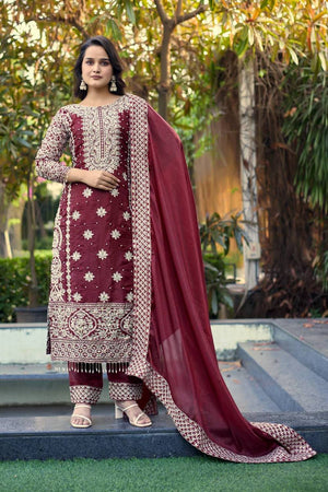 Maroon Sequin with Embroidered Silk Straight Cut Suits