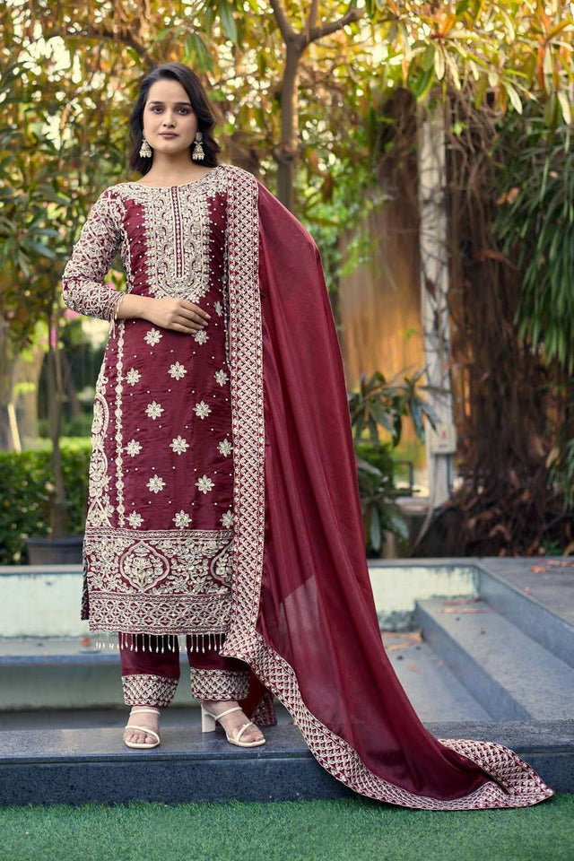 Maroon Sequin with Embroidered Silk Straight Cut Suits