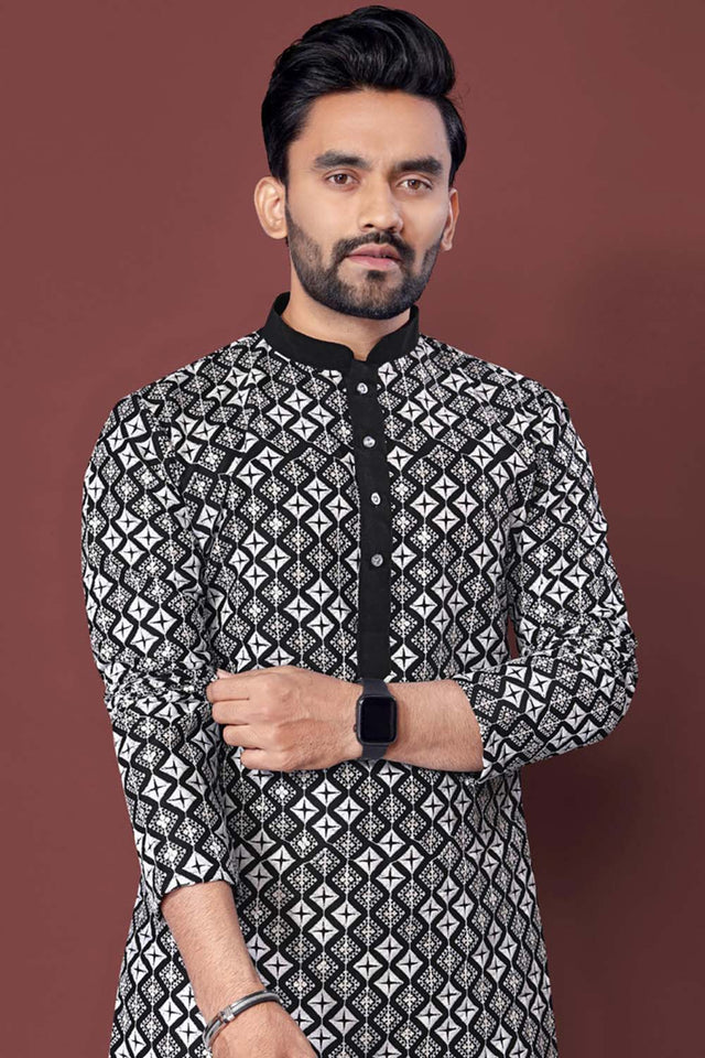 Black Embroidered Silk Men's Kurta Set