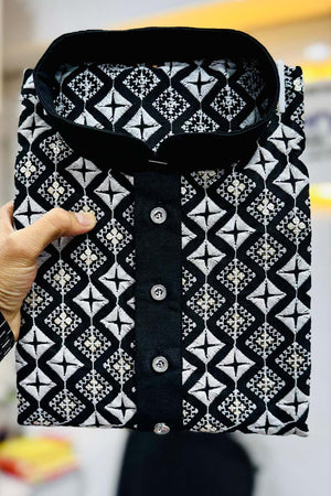 Black Embroidered Silk Men's Kurta Set