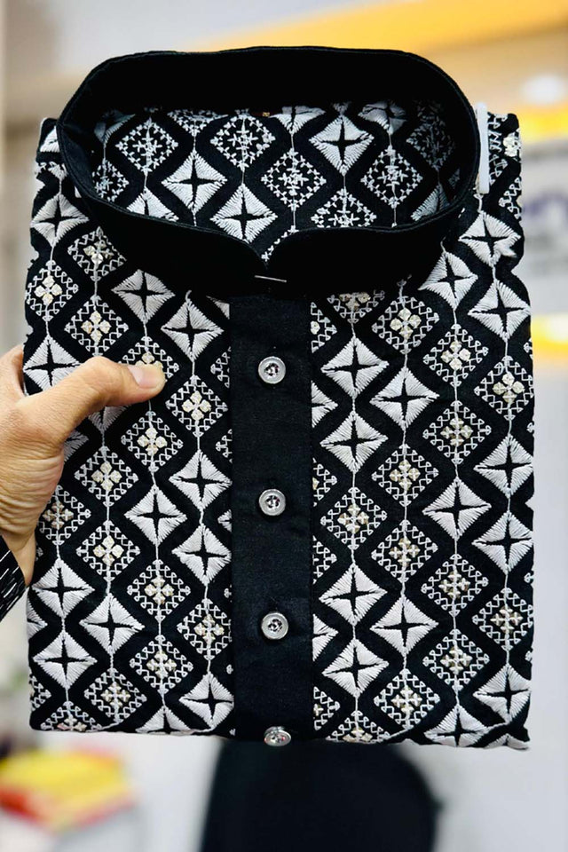 Black Embroidered Silk Men's Kurta Set