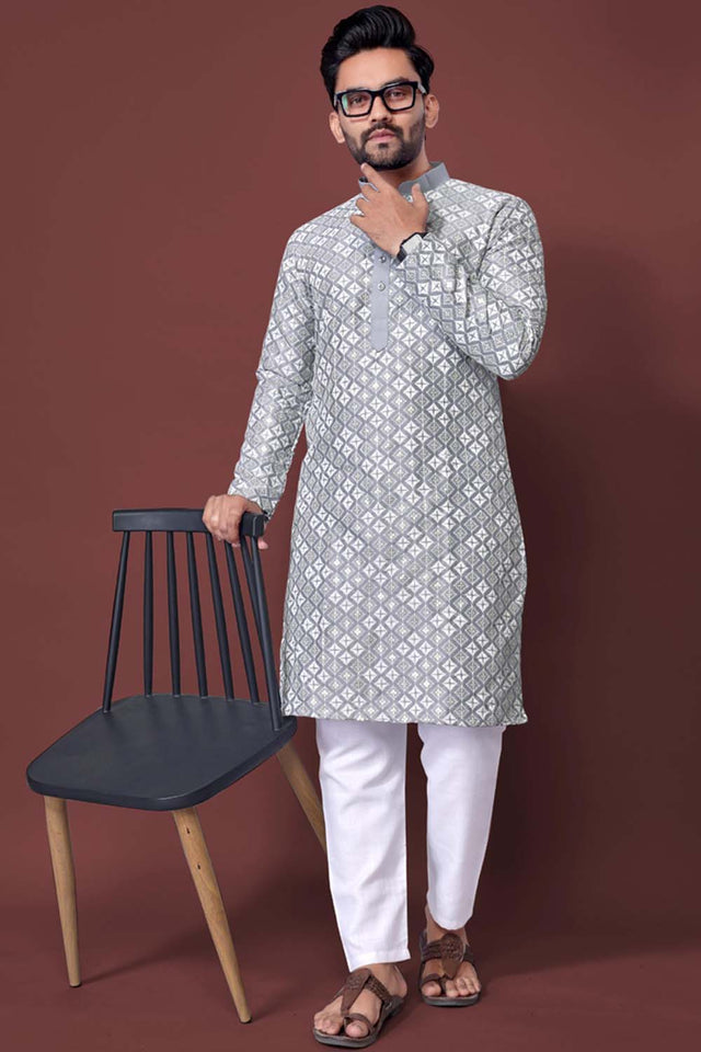 Grey Embroidered Silk Men's Kurta Set