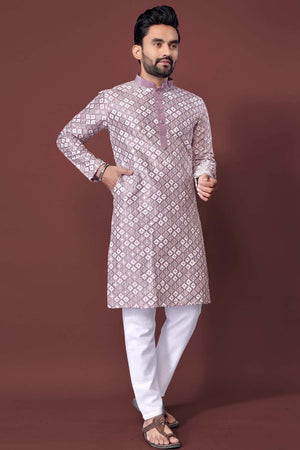 Pink Embroidered Silk Men's Kurta Set