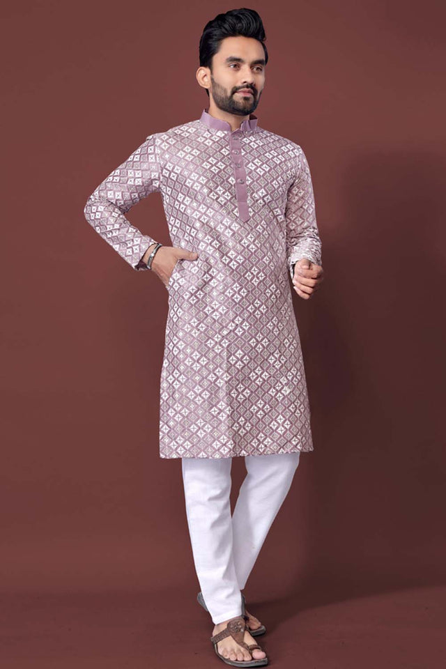 Pink Embroidered Silk Men's Kurta Set