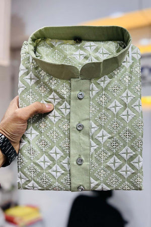 Green Embroidered Silk Men's Kurta Set