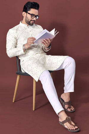 White Embroidered Silk Men's Kurta Set