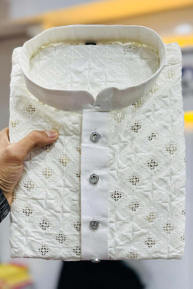White Embroidered Silk Men's Kurta Set