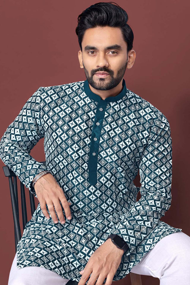 Blue Embroidered Silk Men's Kurta Set