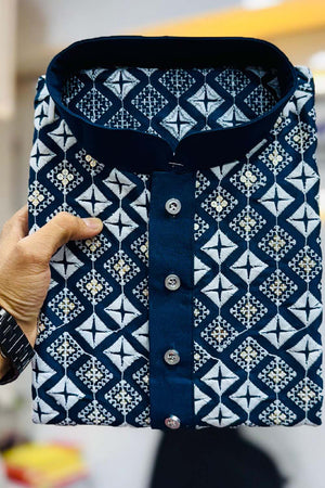 Blue Embroidered Silk Men's Kurta Set
