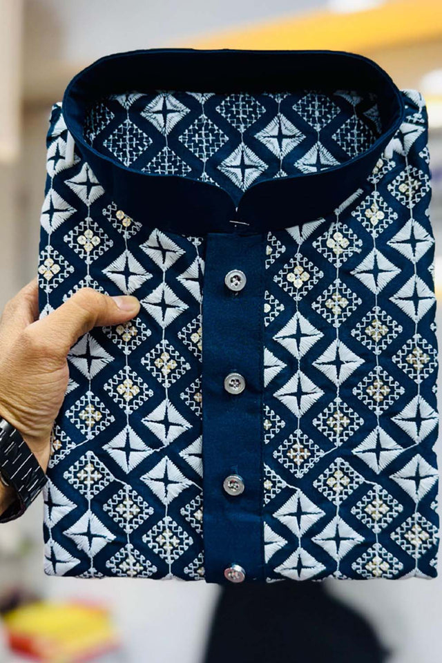 Blue Embroidered Silk Men's Kurta Set