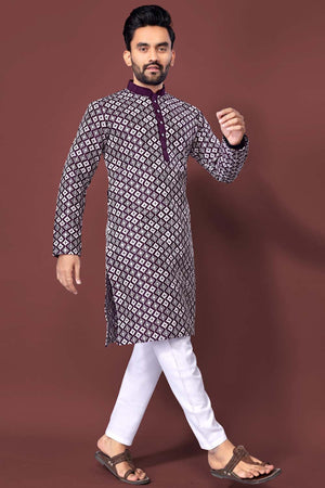 Red Embroidered Silk Men's Kurta Set