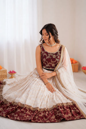 Off White Floral Embroidered Jacquard Lehenga (QRC-318.)
