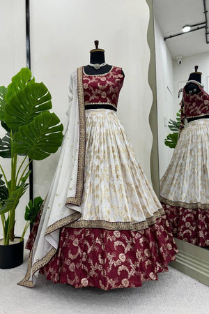 Off White Floral Embroidered Jacquard Lehenga (QRC-318.)