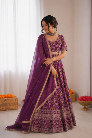 Violet Floral Embroidered Jacquard Lehenga (QRC-335-purple.)