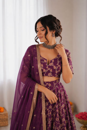 Violet Floral Embroidered Jacquard Lehenga (QRC-335-purple.)