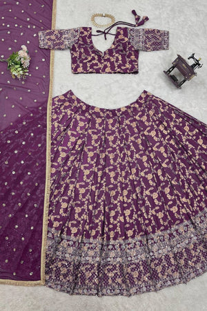Violet Floral Embroidered Jacquard Lehenga (QRC-335-purple.)