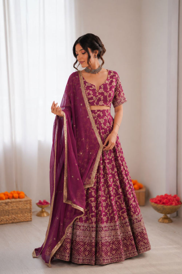 Wine Floral Embroidered Jacquard Lehenga (QRC-335-wine.)