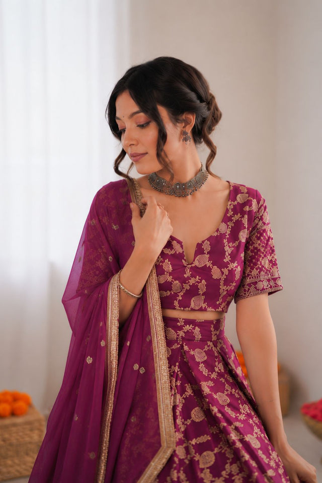 Wine Floral Embroidered Jacquard Lehenga (QRC-335-wine.)