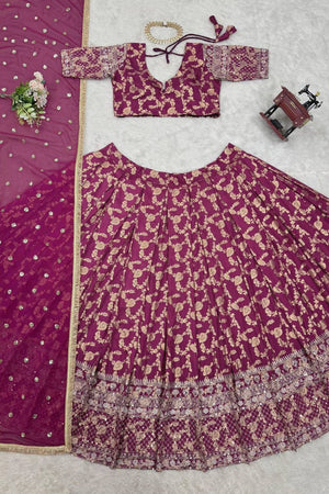 Wine Floral Embroidered Jacquard Lehenga (QRC-335-wine.)