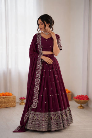Wine Embroidered Art Silk Lehenga (QRC-353-wine.)