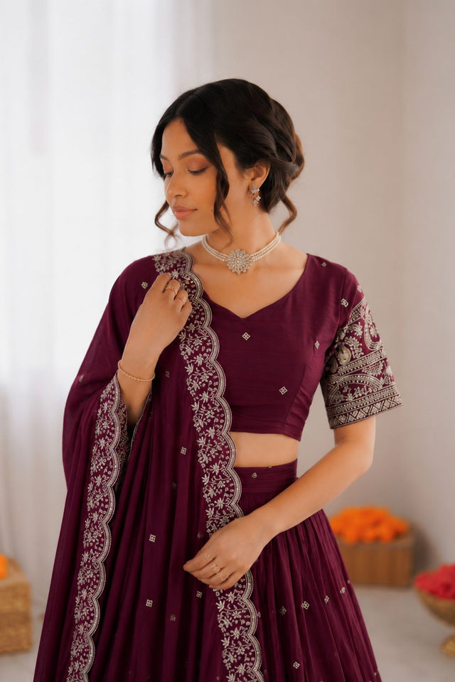 Wine Embroidered Art Silk Lehenga (QRC-353-wine.)