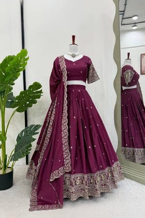 Wine Embroidered Art Silk Lehenga (QRC-353-wine.)