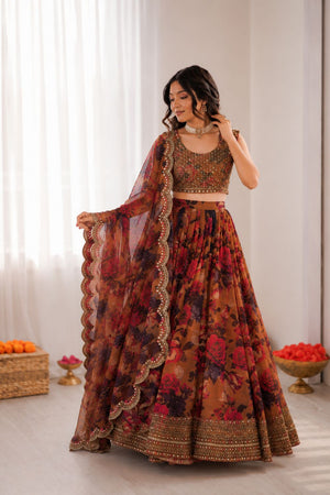 Multi Color Floral Printed Organza Lehenga (QRC-354.)