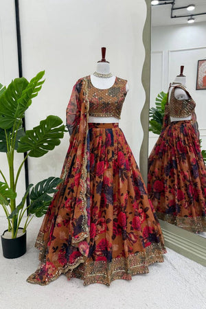 Multi Color Floral Printed Organza Lehenga (QRC-354.)