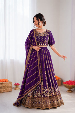 Violet Floral Embroidered Art Silk Lehenga (QRC-387.)