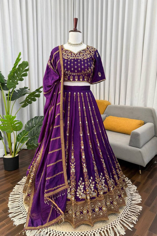Violet Floral Embroidered Art Silk Lehenga (QRC-387.)