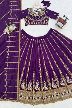 Violet Floral Embroidered Art Silk Lehenga (QRC-387.)