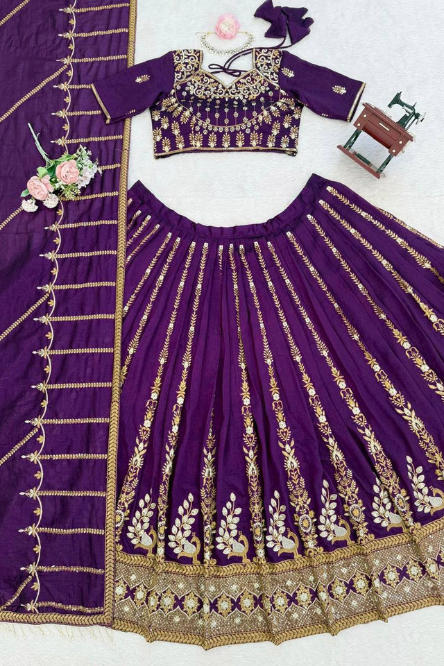 Violet Floral Embroidered Art Silk Lehenga (QRC-387.)