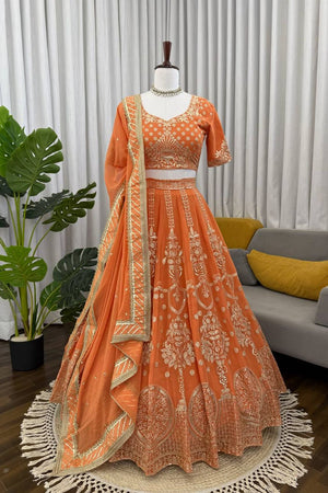 Orange Floral Embroidered Georgette Lehenga (QRC-389.)
