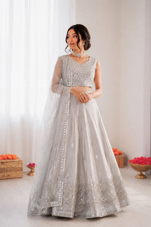 Light Grey Floral Embroidered Art Silk Lehenga (QRC-390.)