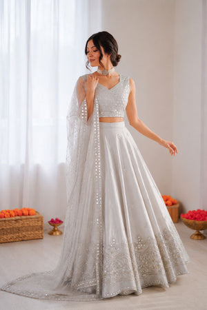 Light Grey Floral Embroidered Art Silk Lehenga (QRC-390.)