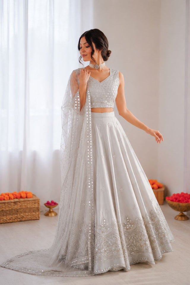 Light Grey Floral Embroidered Art Silk Lehenga (QRC-390.)
