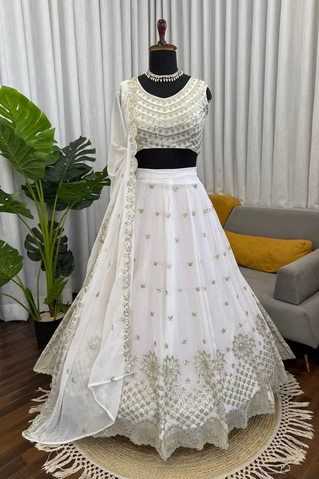 Off White Floral Embroidered Georgette Lehenga (QRC-399.)
