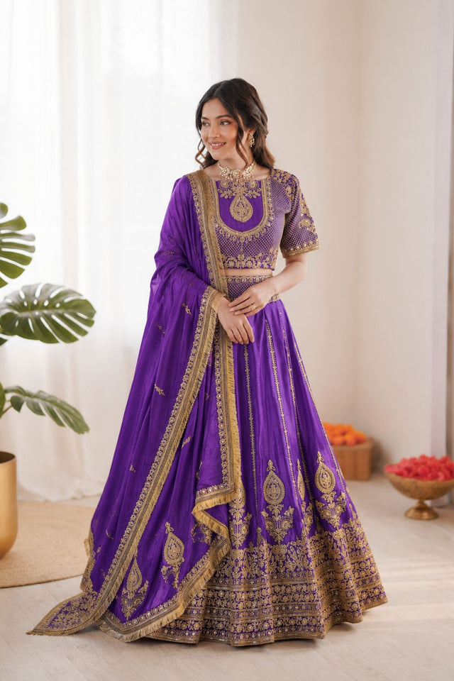 Violet Heavy Embroidered Art Silk Lehenga (QRC-403)
