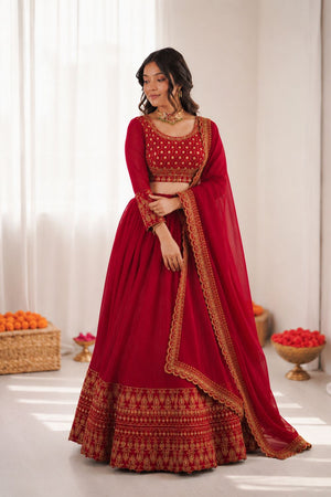 Red Embroidered Art Silk Lehenga (QRC-404-red)