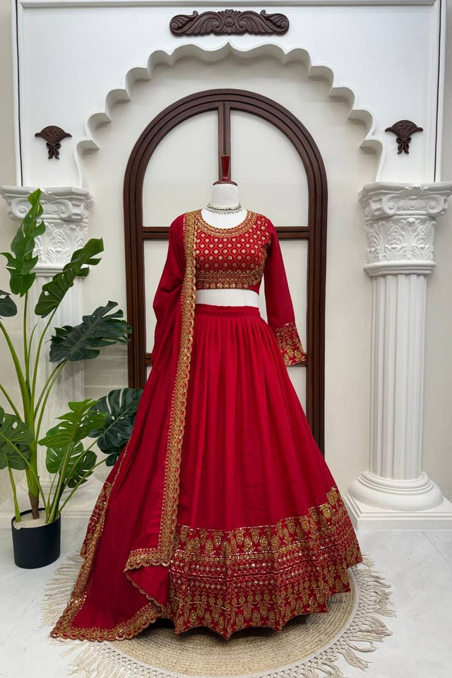 Red Embroidered Art Silk Lehenga (QRC-404-red)
