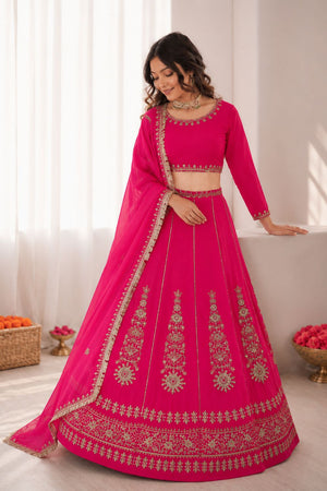 Pink Embroidered Art Silk Lehenga (QRC-405-pink)
